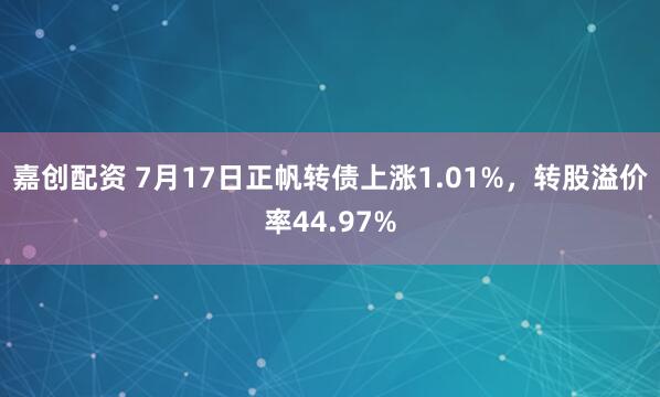 嘉创配资 7月17日正帆转债上涨1.01%，转股溢价率44.97%